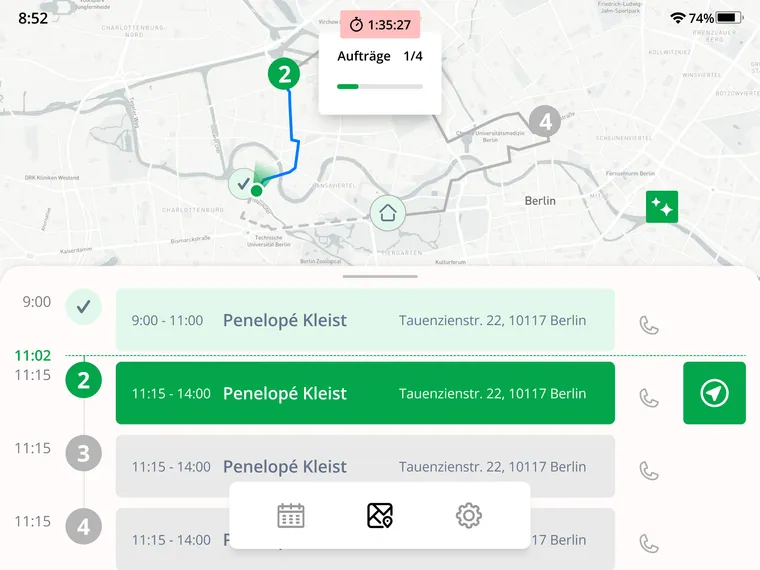 Außendienst-App auf dem iPad, Karte mit Route und den Aufträgen des Tages