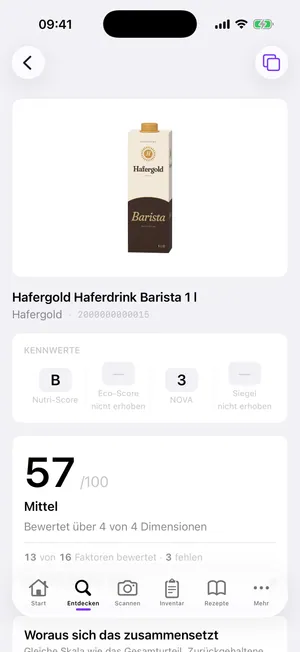 Productbase auf dem iPhone, Produktseite mit dem Gesamtwert 57 von 100