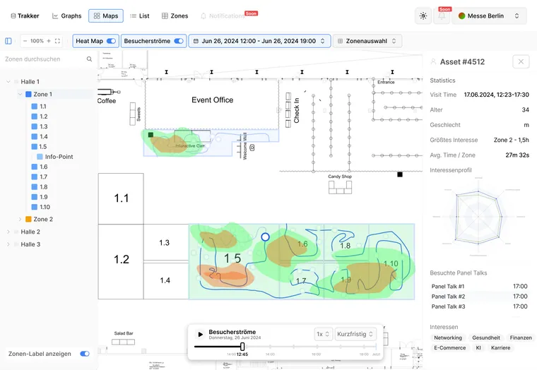 Trakker, Hallenplan mit Heatmap und Besucherströmen, rechts das Profil eines einzelnen anonymen Besuchers